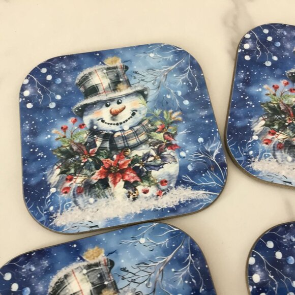 Snowman Hardboard Coasters Plaid Top Hat, Wintery Blue Background Set of 4 - Picture 3 of 7